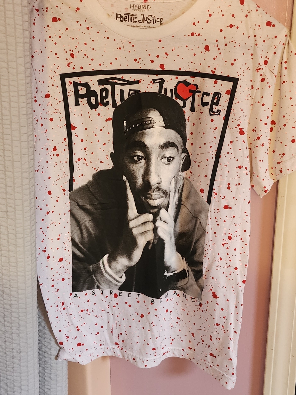 Hybrid Apparel White T‑Shirt with Red Splatter and Black Graphic